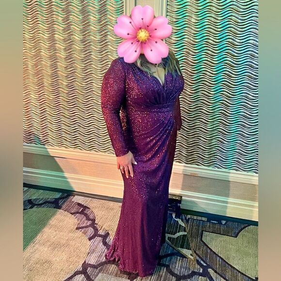 💜 Mac Duggal 💜 IEENA Sequin Long Sleeve Faux Wrap Gown Coctail dress purple 14 - Picture 5 of 14